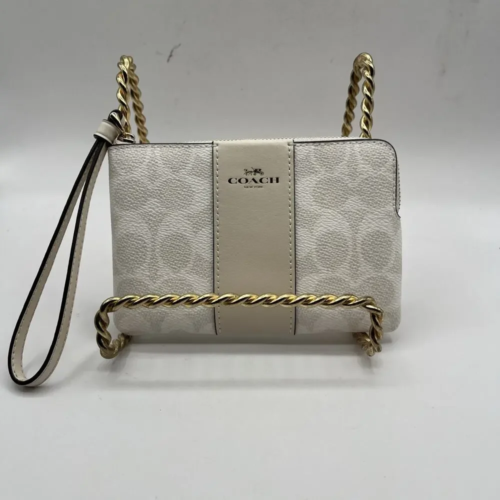 Coach Wristlet Wallet New Tags SIG PVC LTH CRN Leather Strap White / Chalk CW854
